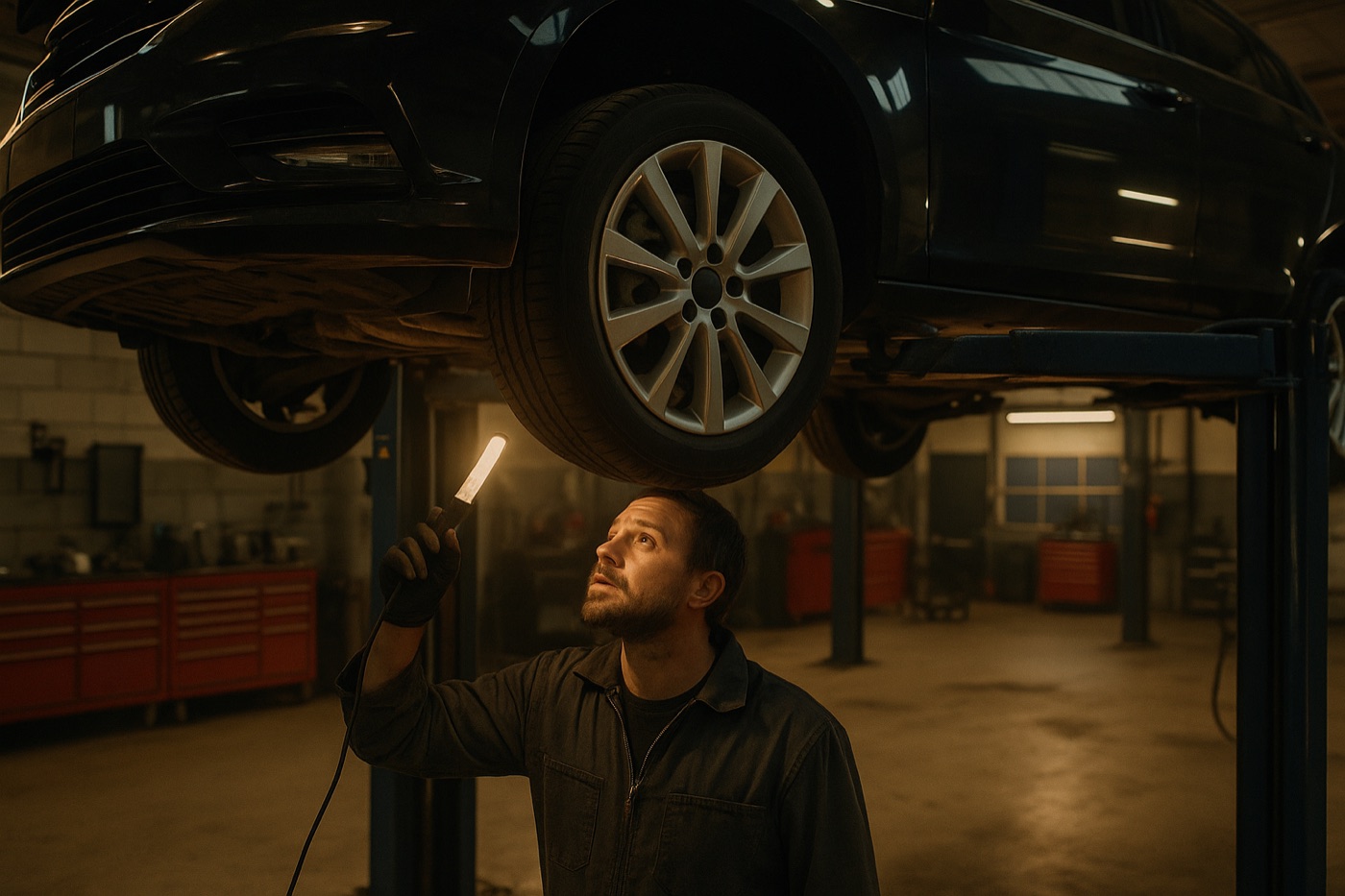 Vehicle on a lift for undercarriage service